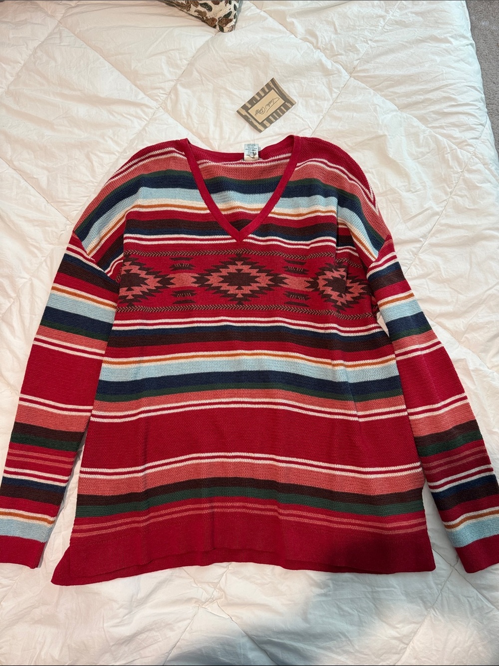 Tasha Polizzi Red Striped V-Neck Women's Sweater - Southwestern Pattern